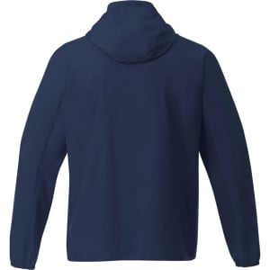 A navy blue men's packable rain jacket with a hood, featuring a logo on the back.