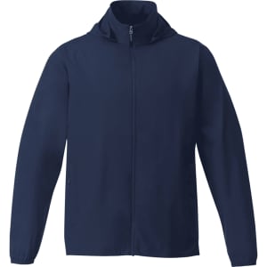 A navy packable jacket with a hood and full zip, featuring a logo on one side.