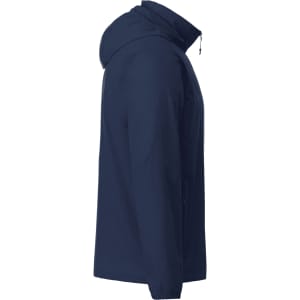 A navy packable rain jacket with a hood, featuring a side profile view and a logo on the fabric.