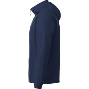 A navy men's packable rain jacket featuring a hood and zippered front, with a logo on the upper left.