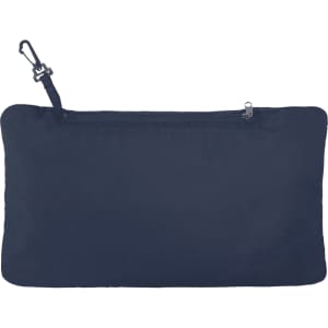 A navy packable jacket with a zip closure and clip for fastening, featuring a logo.