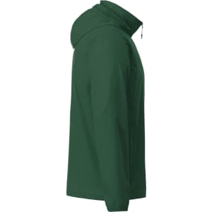 A green men's TOBA packable jacket with a hood, featuring zippered pockets and a logo.
