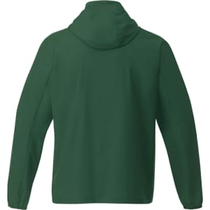 A green men's TOBA packable rain jacket featuring a hood and a back view. It has a logo on the sleeve.