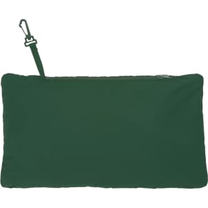 A green packable jacket folded into a compact pouch with a clip attachment. The jacket features a zip closure.