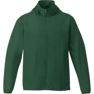 A green men's packable jacket with a hood, featuring a full zip and long sleeves. It has a logo on the front.