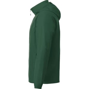A green men's packable jacket with a hood, featuring a side view and a logo on the fabric.