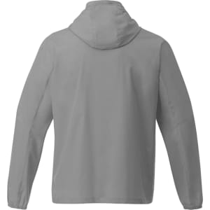 A grey packable rain jacket with a hood, featuring long sleeves and a back view. It includes a logo.