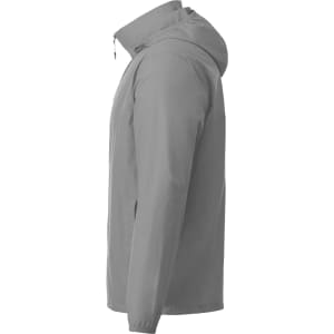 A grey men's packable rain jacket with a hood and a logo on the side.