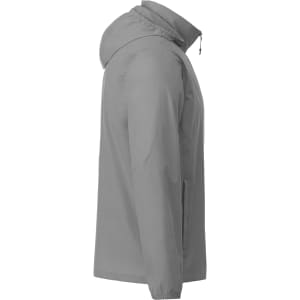 A grey Men's TOBA Packable Jacket featuring a hood and an attached logo. Ideal for rain protection.