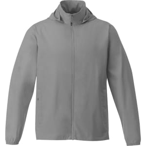 A grey packable rain jacket with a hood and zippered front, featuring side pockets and a logo.