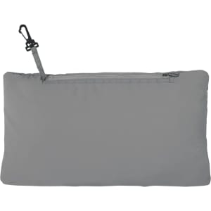 A grey men's packable jacket, folded and stored with a zip closure and a clip for attachment.