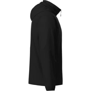 A black men’s packable rain jacket featuring a hood and zippered front. The jacket has a logo on it.