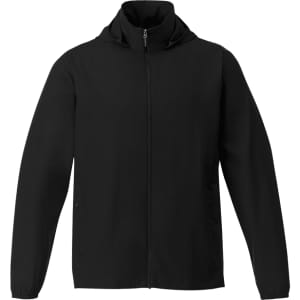 A black men's packable rain jacket with a high collar and zippered front. It features a logo on the chest.