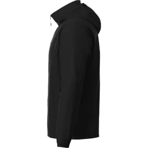 A black men's packable rain jacket with a hood, featuring a side view and a logo on the fabric.
