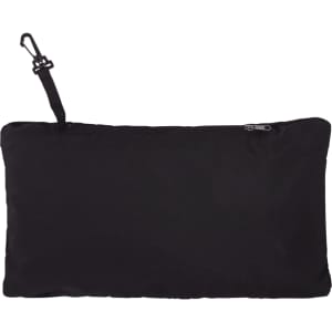 A black packable jacket with a zipper, featuring a clip for attachment. It includes a branded logo.
