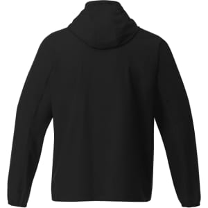 A black men's packable rain jacket featuring a hood and long sleeves. It includes a logo on the back.