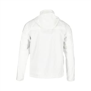 A white men's packable jacket featuring a hood and a logo on the back.