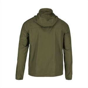 A men's packable jacket in olive green, featuring a hood and a logo on the back.