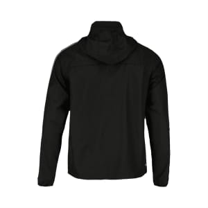 A packable jacket in black, featuring a hood and a logo on the back. Ideal for multi-weather use.