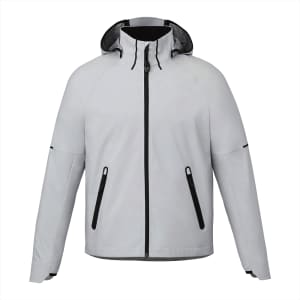 A light grey soft shell jacket with a hood, featuring zippered pockets and a logo on the chest.