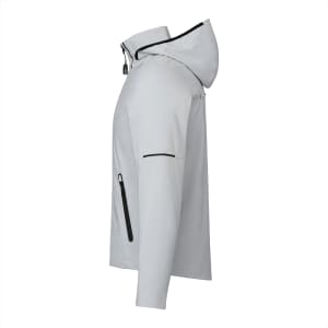 A softshell jacket in light grey with a hood, featuring zippered pockets and a branded logo.