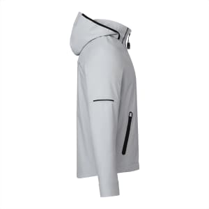 A light grey men's softshell jacket with a hood and black zippers, featuring a logo on the sleeve.