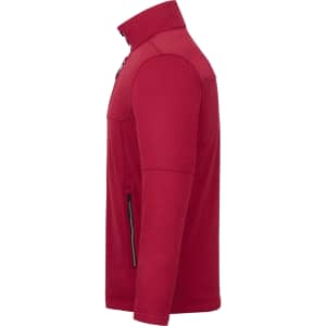 A red men's softshell jacket features a high collar and zippered pockets, with a logo present.
