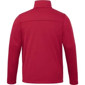 A red softshell jacket with a high collar and long sleeves, featuring a logo on the back.