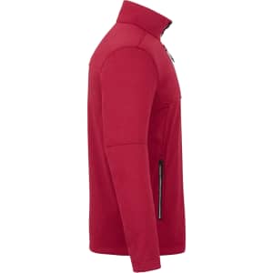 A red men's softshell jacket with a high collar and zippered pockets, featuring branding on the fabric.