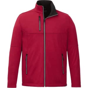 A red softshell jacket featuring a zippered front and pockets, with a high collar and a logo on the chest.