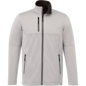A light grey waterproof softshell jacket with a high collar and zippered pockets, featuring a black trim.