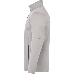 A grey softshell jacket with a high collar, front zip, and zippered side pockets. It features a logo on the chest.
