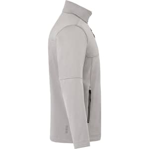 A light grey men's softshell jacket with a high collar and side zip pockets, featuring a logo.