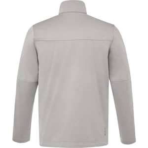 A grey men's softshell jacket with a high collar, featuring a smooth texture and a branded logo.