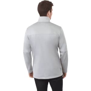 A men's soft shell jacket in light grey with a high collar and long sleeves, featuring a logo on the back.