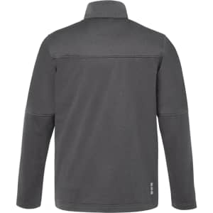 A men's softshell jacket in dark grey with a collar and logo branding on the back.
