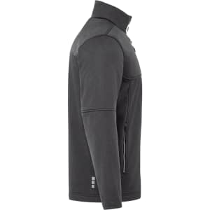 A black eco waterproof softshell jacket with a high collar and zippered pockets, featuring a logo.