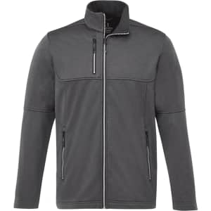 A grey eco waterproof softshell jacket with a zippered front and two side pockets. It features a collar and a logo.