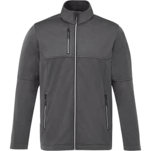 A men's softshell jacket in dark grey with a high collar and zippered pockets, featuring a logo on the chest.