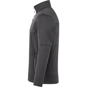 A grey softshell jacket featuring a zip-up front, high collar, and side pockets. It includes a logo.