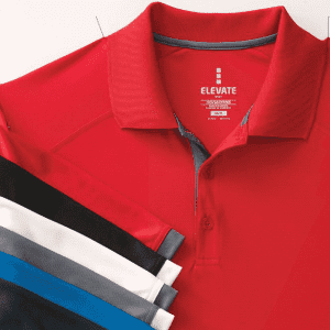 A red short sleeve polo shirt with a collar, displayed alongside black, white, grey, and navy variants. Features a logo.