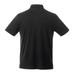 A black men's short sleeve polo shirt with a collar and a logo on the back.