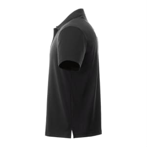 A black short sleeve polo shirt for men, featuring a collar and a logo.