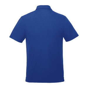 A blue men's short sleeve polo shirt with a collar and a logo on the back.