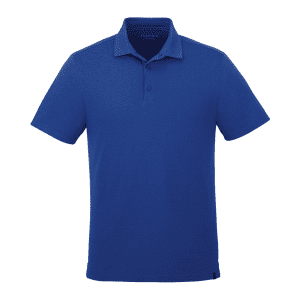 A blue short sleeve polo shirt for men, featuring a collar and buttons, with a logo on the label.