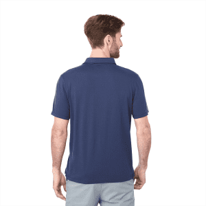 A men's polo shirt in navy blue with a collar and short sleeves, featuring a branding logo.