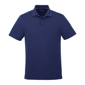 A navy blue short sleeve polo shirt with a collar and a branding logo.