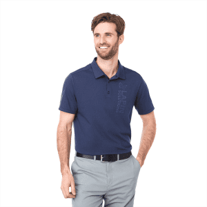 A navy short sleeve polo shirt with a collar and a logo. Styled with grey trousers for a smart look.