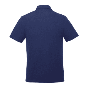 A navy blue men's short sleeve polo shirt with a collar, featuring a logo on the back.
