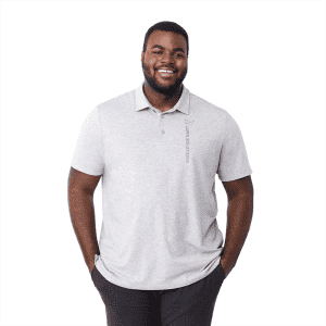 A light grey short sleeve polo shirt for men, featuring a logo on the side.